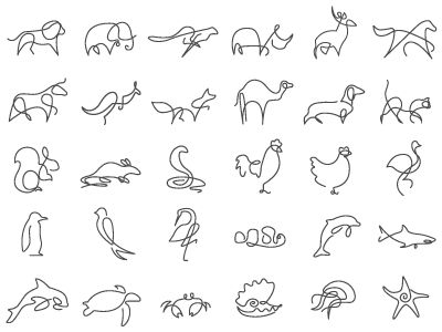 an image of animals that are drawn in line