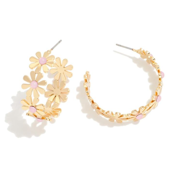 Flower Hoop Earring With Stone Accent- Approximately 1" L Trendy Flower Hoop Earrings For Summer, Trendy Hoop Earrings With Flower Charm For Spring, Summer Flower Charm Hoop Earrings, Pink Hoop Flower Earrings For Spring, Pink Flower Hoop Earrings For Summer, Pink Flower Hoop Earrings For Spring, Trendy Gold Hoop Earrings With Flower Charm, Pink Metal Earrings For Spring, Spring Hoop Earrings With Flower Charm