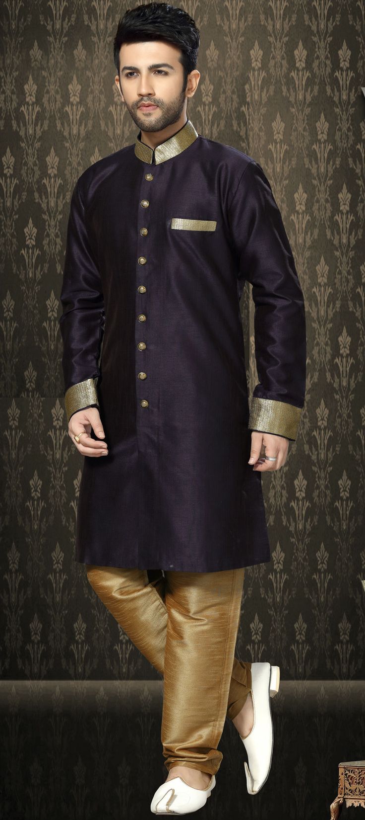 506050: Blue color Sherwani in Silk fabric with Lace work Blue Sherwani With Zari Work For Ceremonial Occasions, Blue Sherwani With Zari Work For Ceremonial Events, Blue Bandhgala With Zari Work For Diwali, Bollywood Style Blue Sherwani For Ceremonial Occasions, Ceremonial Blue Sherwani For Eid, Ceremonial Blue Kurta With Zari Work, Blue Nehru Jacket For Diwali With Traditional Drape, Ceremonial Blue Sherwani With Dabka Work, Blue Bandhgala With Zari Work For Festivals