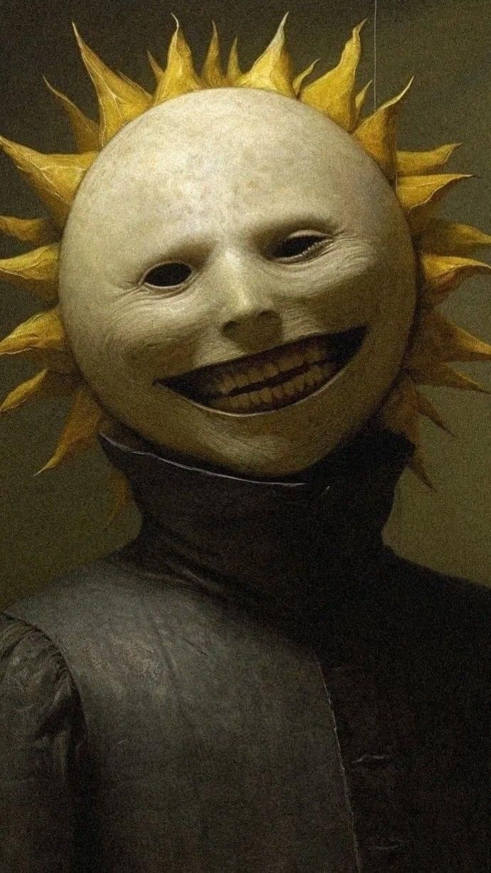 a creepy mask with sunflowers on it's head is shown in front of a wall