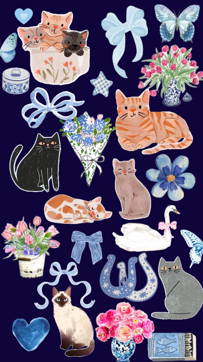 an assortment of cats and flowers on a blue background