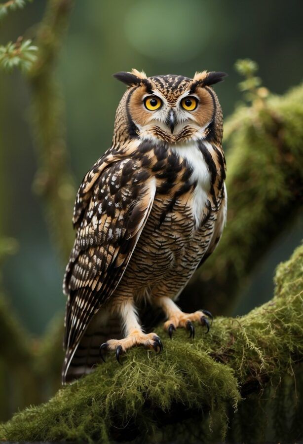 A majestic owl with striking yellow eyes and detailed brown feathers perches on a mossy branch in a dense forest. Animal Photography Aesthetic, Animals Wild Amazing Photos, Wild Life Photography Nature, Beautiful Owl Photography, Field Sketching, Painting Owls, Owl Pics, Bizarre Animals, Comedy Wildlife Photography