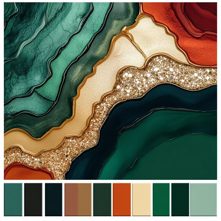 an abstract painting with gold and green colors in the center, along with other color swatches