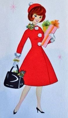 a christmas card with a woman in a red dress holding presents and a handbag