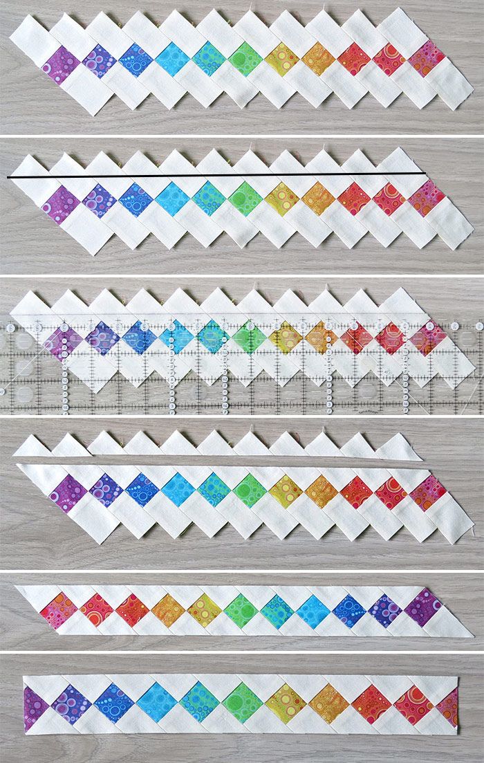 four rows of quilting strips with different colors and sizes on each row, all lined up in the same row