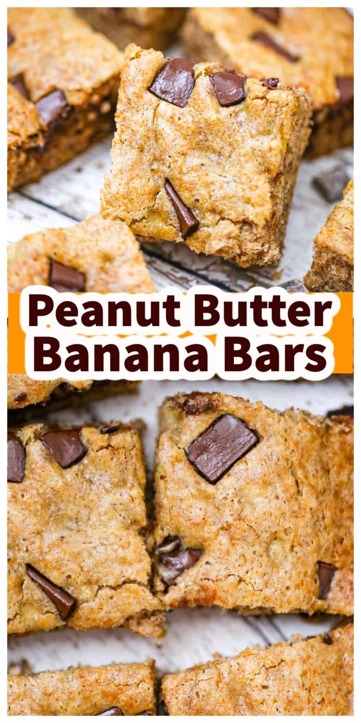 peanut butter banana bars stacked on top of each other with chocolate chips in the middle