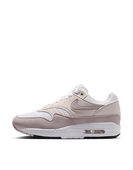 Nike Air Max 1 sneakers in white and pink | ASOS White Custom Sneakers For Light Sports With Translucent Outsole, White Custom Sneakers With Translucent Outsole For Light Sports, Nike Athleisure Sneakers With Translucent Outsole, Athleisure White Sneakers With Air Max Cushioning, Nike White Sneakers For Light Sports, Nike Sneakers With Abzorb Midsole For Light Sports, Nike Low-top Sneakers With Air Cushioning, Nike Sneakers With Air Cushioning, White Custom Athleisure Sneakers With Air Max Cushioning