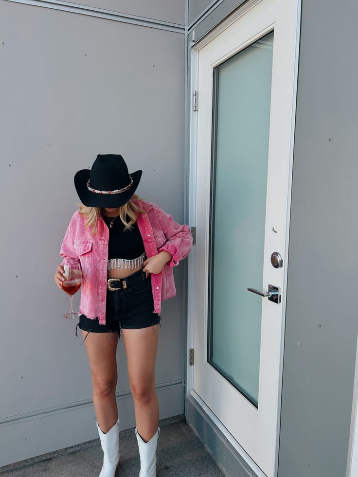 Pink And Black Western Outfit, Bichota Concert Outfit, Country Concert Festival Outfit, Hot Pink Nashville Outfit, Western Pink Outfit, Disco Cowgirl Outfit Ideas, Pink Outfit Nashville, Bad Bunny Most Wanted Tour Outfits, Laney Wilson Concert Outfit