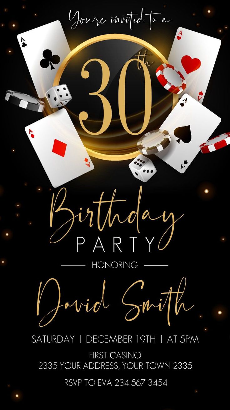 an elegant 30th birthday party with playing cards and casino chips on the black card background