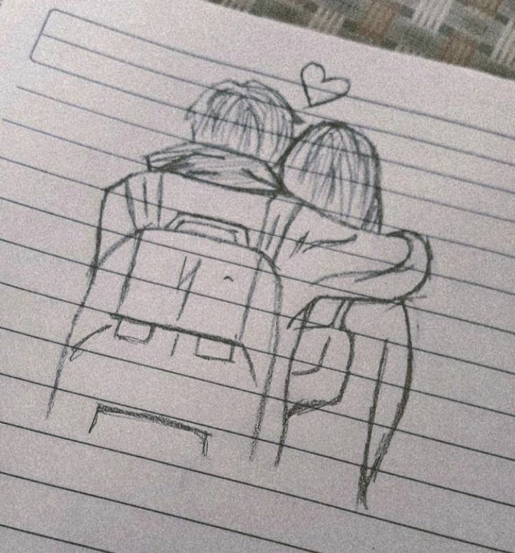 a drawing of two people sitting in a chair with their arms around each other on lined paper