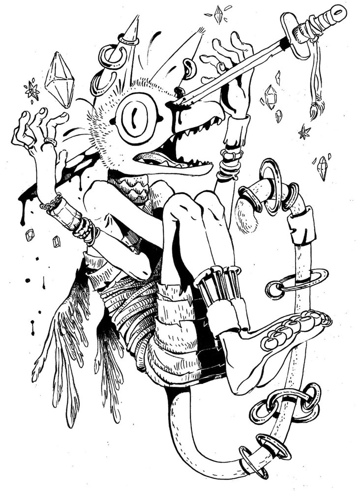 an ink drawing of a cartoon character holding a skateboard