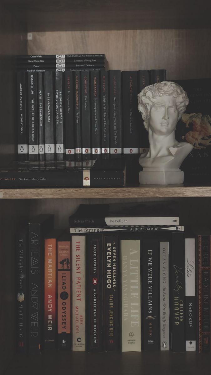 a book shelf filled with books and a busturine