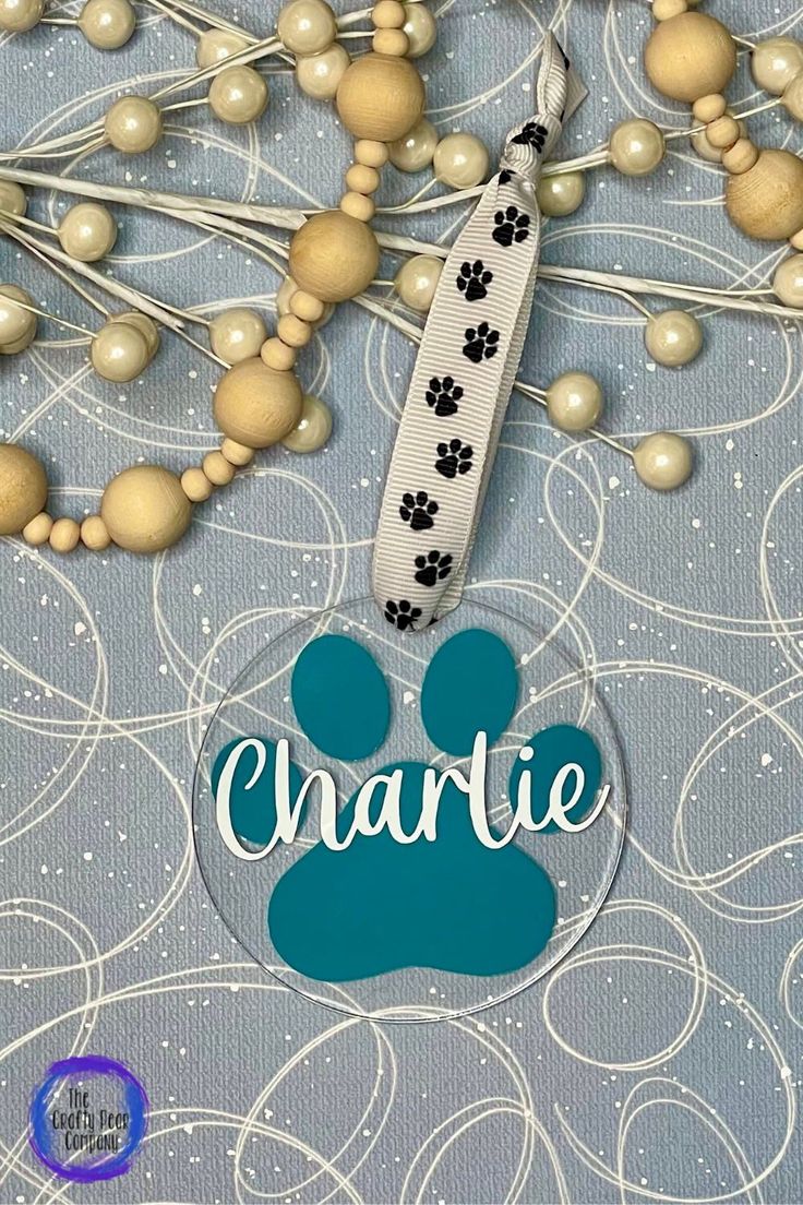 a close up of a dog's paw and name tag on a blue background