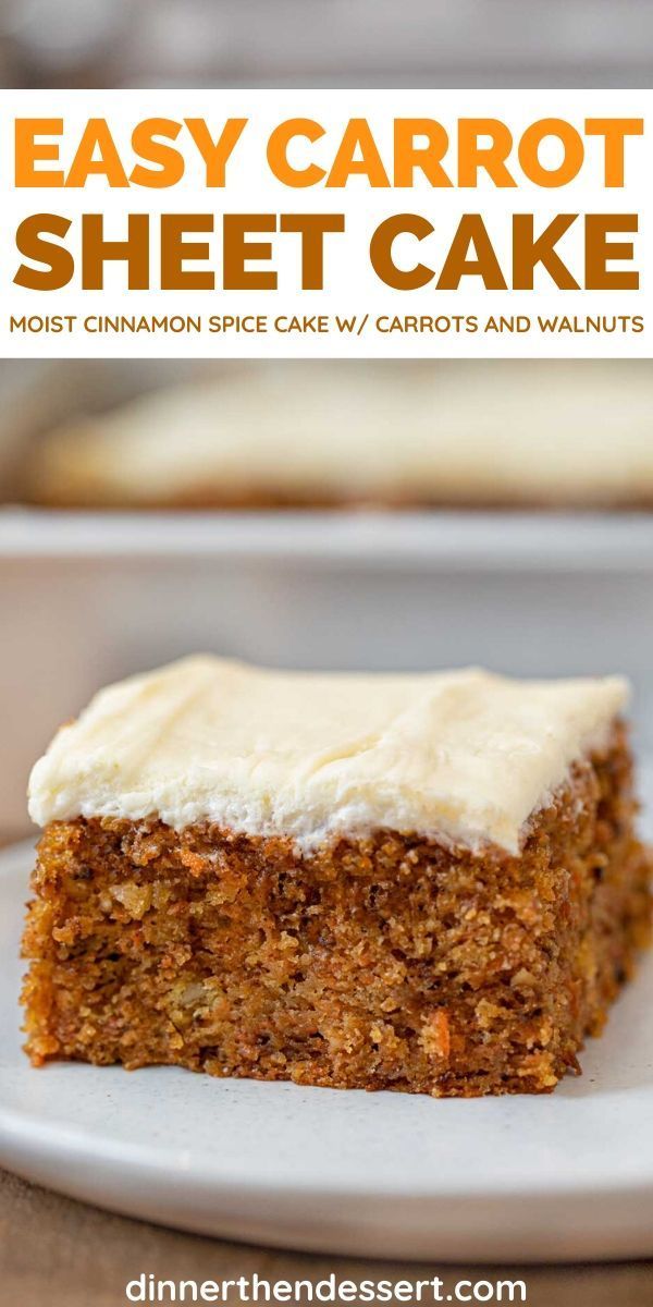 a slice of carrot sheet cake on a white plate with the title text overlay