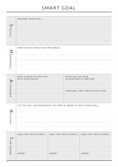 a printable smart goal sheet with the words smart goal written in white on it