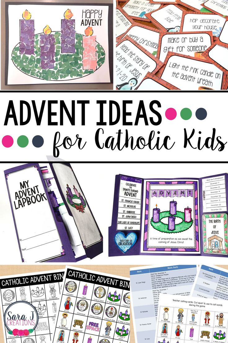 an assortment of activities for catholic kids with the text,'advent ideas for catholic kids '