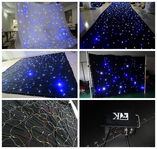 several pictures of different lights in the shape of stars on a black carpet with white and blue lighting