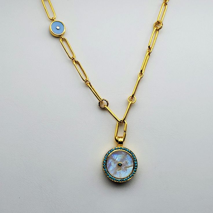 MOONSTONE DIAMONDS SAPPHIRES TURQUOISE SUN SYMBOL GOLD NECKLACE Gold Gemstone Round Chain Necklace, Gold Gemstone Chain Necklace, Gold Gemstone Chain Necklace Fine Jewelry, Gold Chain Necklace With Round Gemstone, Fine Jewelry Yellow Gold Chain Necklace With Gemstone, Fine Jewelry Medallion Necklace With Charms, Yellow Gold Necklace With Round Pendant, Yellow Gold Cabochon Jewelry, Yellow Gold Round Cabochon Jewelry