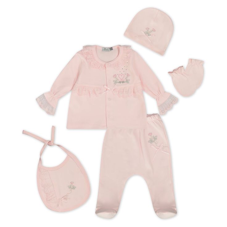 The sweetest get-up for your tiny bundle. With floral lace trimming, bows of ribbon, and a ruffle collar, this piece is the perfect ensemble for a day of exploration or lounging at home. Includes a a charming long-sleeved top, footie pants, bonnet, bib, and mittens for scratch-free days. Pink Lace Trim Sets For Spring, Pink Ruffled Loungewear Set, Feminine Lace Trim Sleepwear Sets, Feminine Bedtime Sets With Lace Trim, Feminine Pink Ruffled Sets, Pink Playtime Sets With Ruffles, Pink Feminine Sets With Ruffles, Feminine Pink Sets With Ruffles, Cute Pink Sets For Daywear