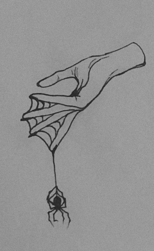 a drawing of a hand holding a spider with it's web on the end