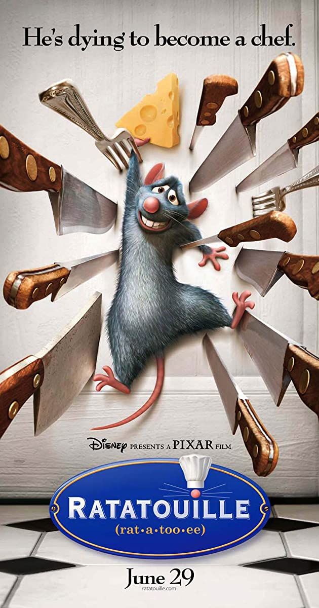 the ratatoulie movie poster is shown with knives and cheese on it's back