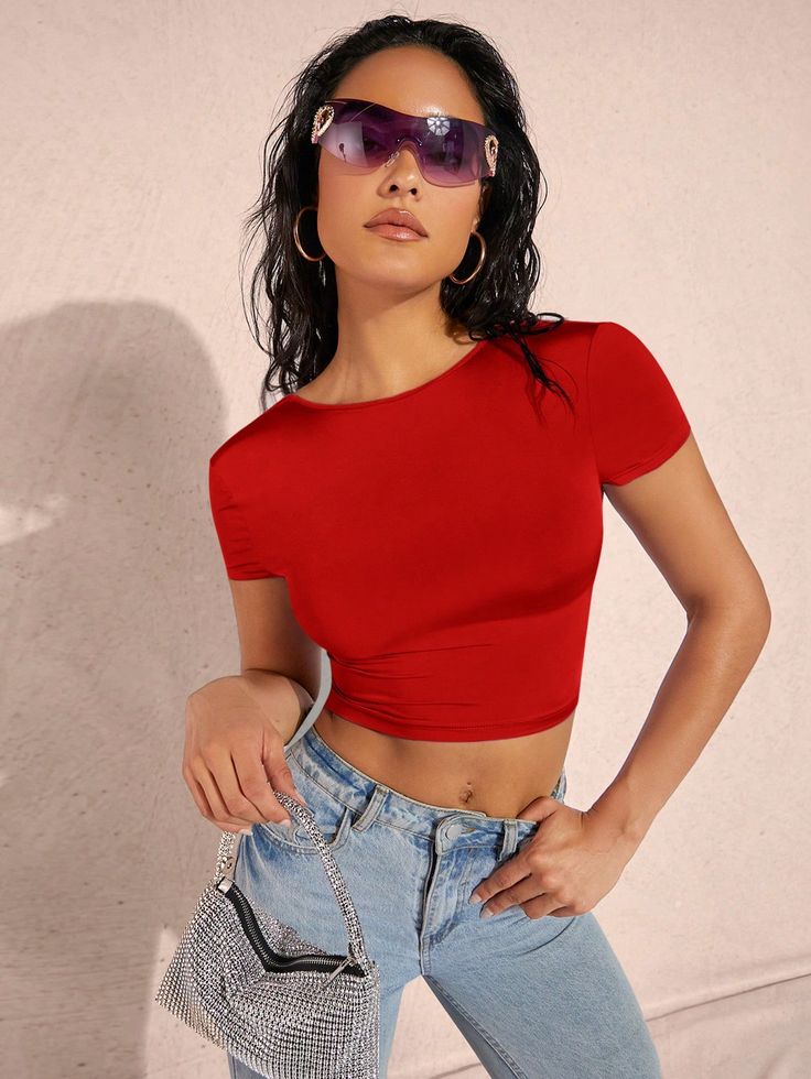 Red Casual,Sexy Collar Cap Sleeve Knitted Fabric Plain  Embellished High Stretch  Women Clothing Summer Pullover, Crop Tshirt, Sports Leggings, Casual Shoes Women, Cap Sleeve, All Fashion, Mens Tank Tops, Women Clothing, Cap Sleeves