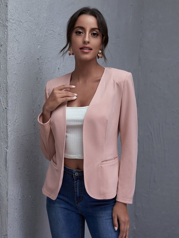 Padded Shoulder Open-Front Blazer | EMERY ROSE Blazer Rosa, Open Front Blazer, Classy Dress Outfits, Style Noir, Womens Blazers, Trendy Fashion Women, Colored Blazer, Sleeves Pattern, Blazers For Women