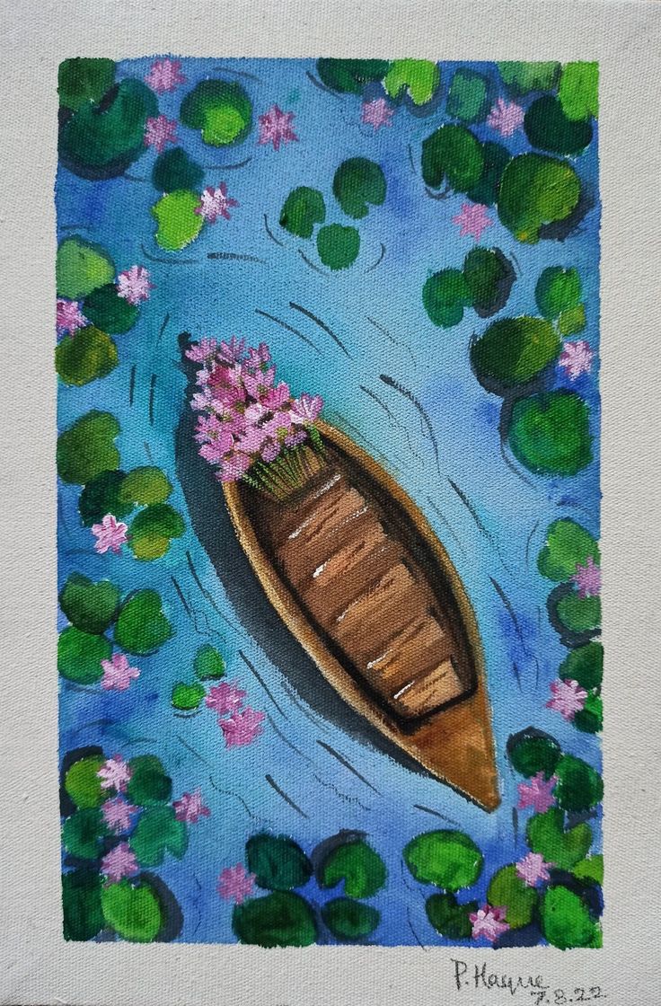 an acrylic painting of a boat with flowers in it floating on water lilies