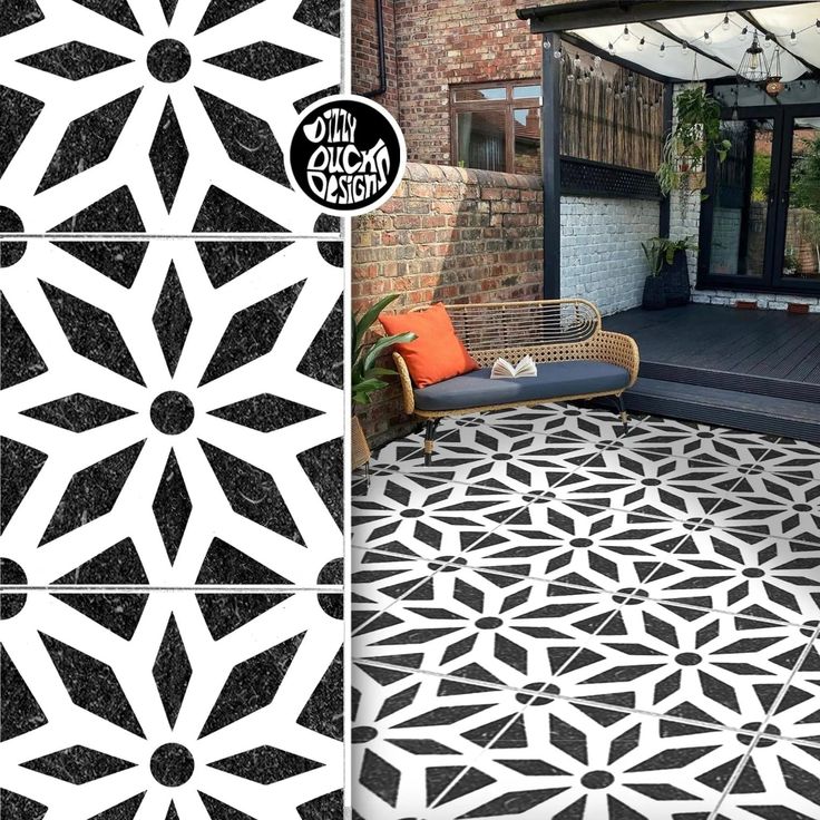 an outdoor patio with black and white tiles