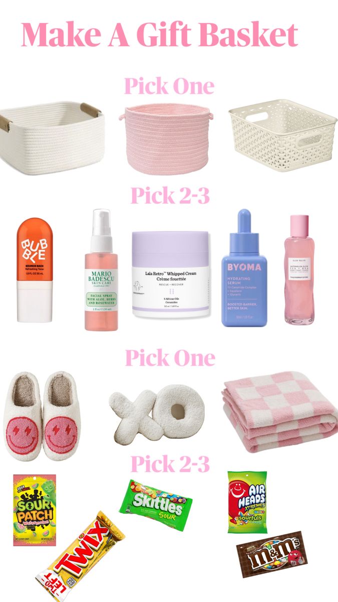 the contents of a gift basket are shown with pink and white items, including toiletries,