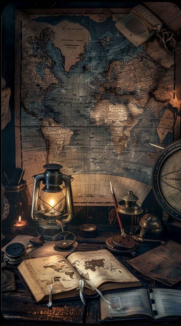 an old world map with a lantern, compass and other items sitting on a table