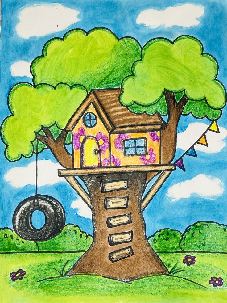 a drawing of a tree house with a tire on the ground in front of it