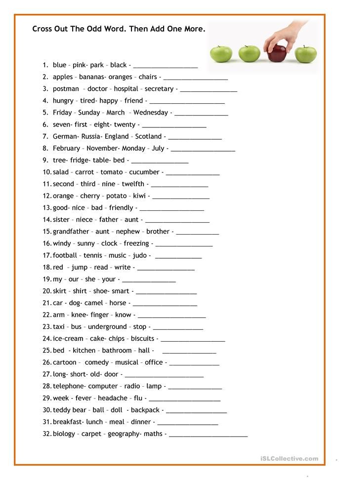 worksheet for cross out the odd word and add one more words to it