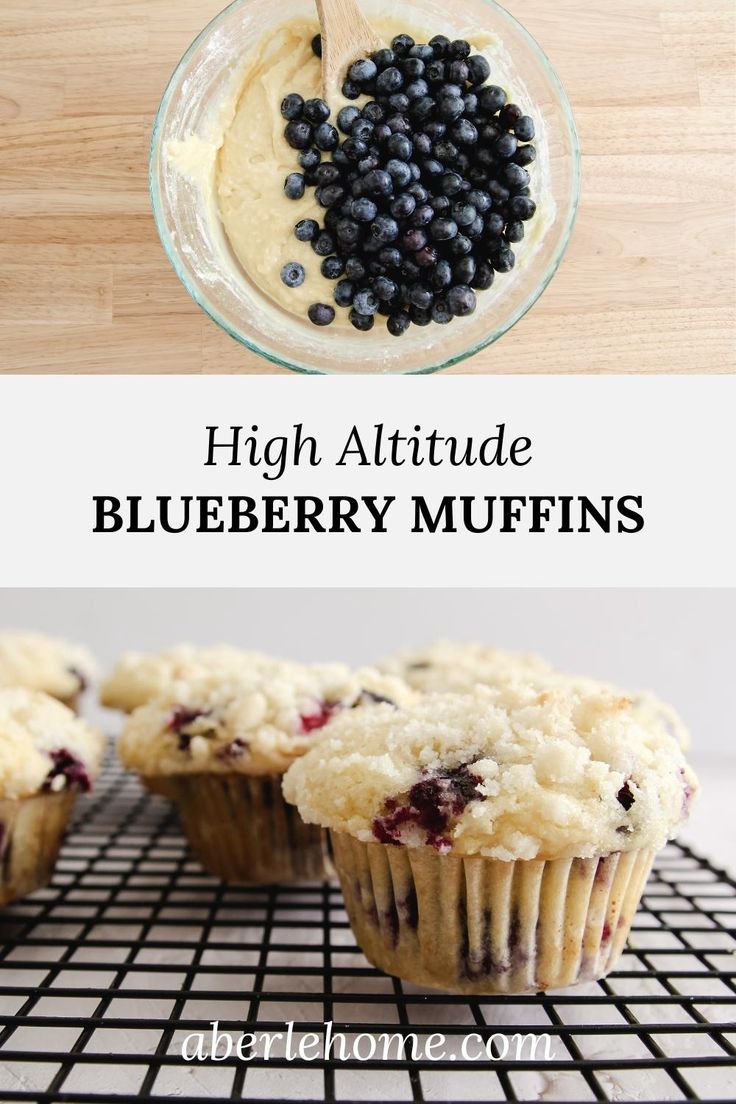 blueberry muffins on a cooling rack with the words high altitude blueberry muffins