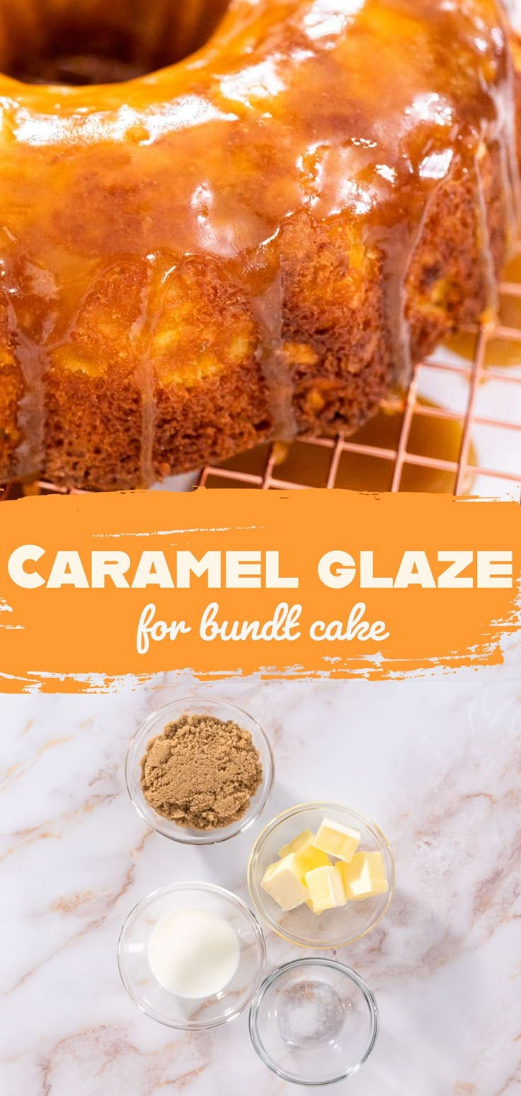 a cake with orange glaze on it sitting on a cooling rack next to other desserts