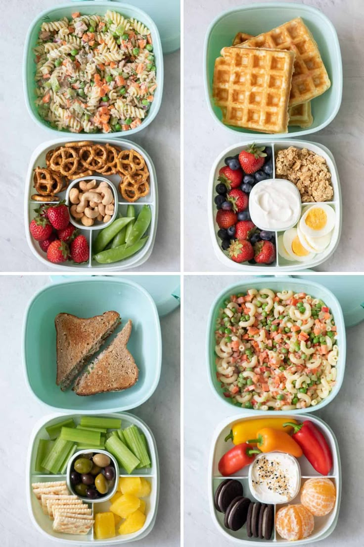 four pictures showing different types of food in separate bowls, including fruit and waffles