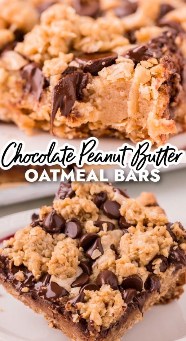 An easy chocolate chip cookie bar recipe with peanut butter fudge sandwiched between an oatmeal cookie crumble layer, aka Oatmeal Dream Bars! Chocolate Peanut Butter Oatmeal Bars, Chocolate Chip Cookie Bar, Recipe With Peanut Butter, Chocolate Chip Cookie Bar Recipe, Chocolate Peanut Butter Oatmeal, Easy Chocolate Chip Cookie, Oatmeal Dessert, Peanut Butter Oatmeal Chocolate Chip, Peanut Butter Oatmeal Chocolate Chip Cookies