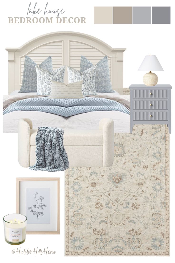 Lake house bedroom decor mood board with soft blue and cream tones! Blue And Tan Master Bedrooms Decor, Modern Farmhouse Blue Bedding, Chambray Blue Bedroom, French Blue Guest Bedroom, Bedroom Mood Board Blue, Mineral Blue Bedroom, Blue White Tan Bedroom, Modern Coastal Bedroom Mood Board, Coastal Master Bedding Ideas