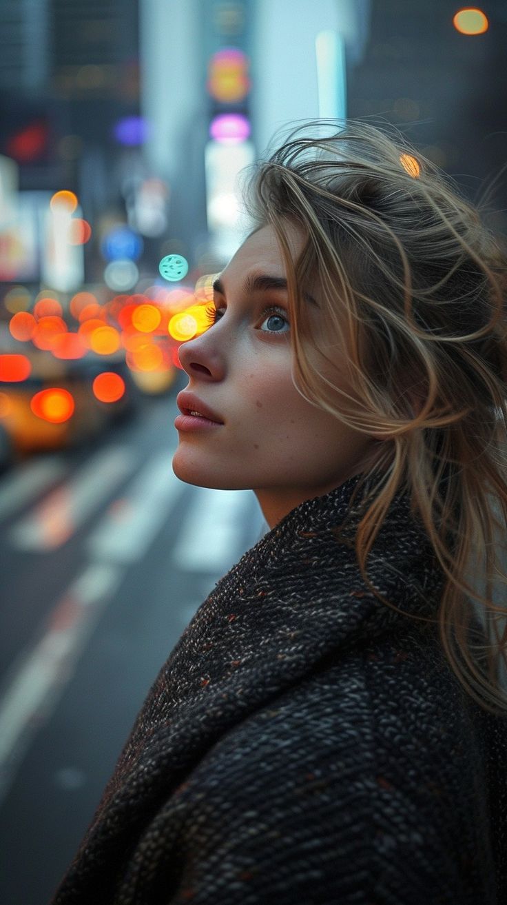 a woman standing on the side of a road at night with traffic in the background