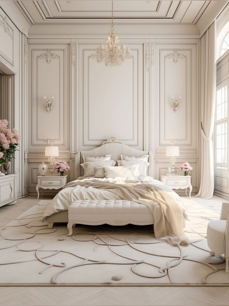 a bedroom with white furniture and chandelier