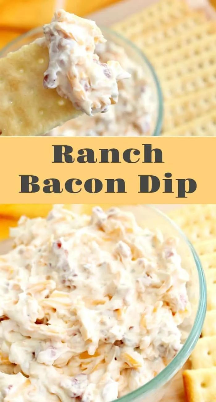 ranch bacon dip in a glass bowl with crackers on the side and text overlay