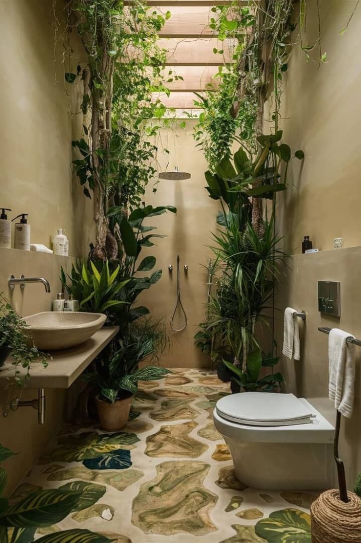 a bathroom with lots of plants in the shower and on the floor, along with a toilet