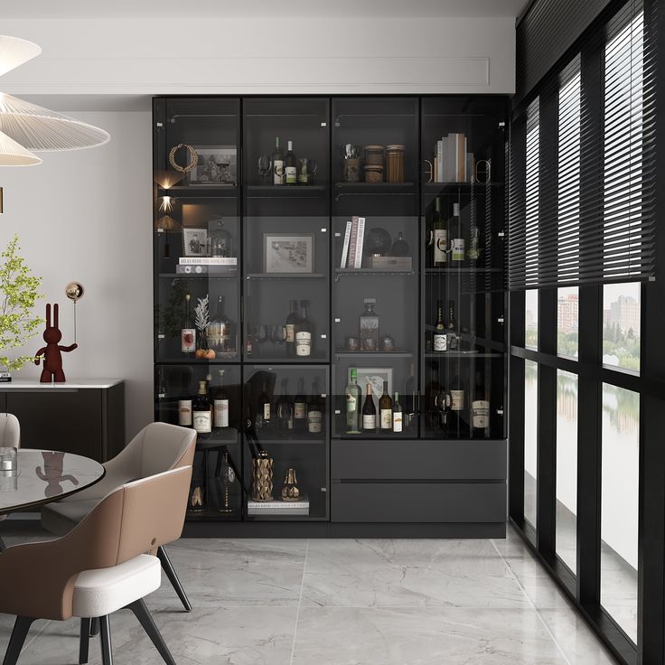 a dining room table and chairs in front of a large glass cabinet with bottles on it