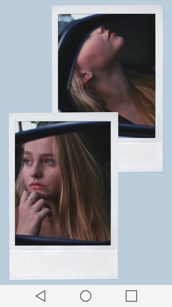 two polaroid photos of a woman in a car with her hand on her chin