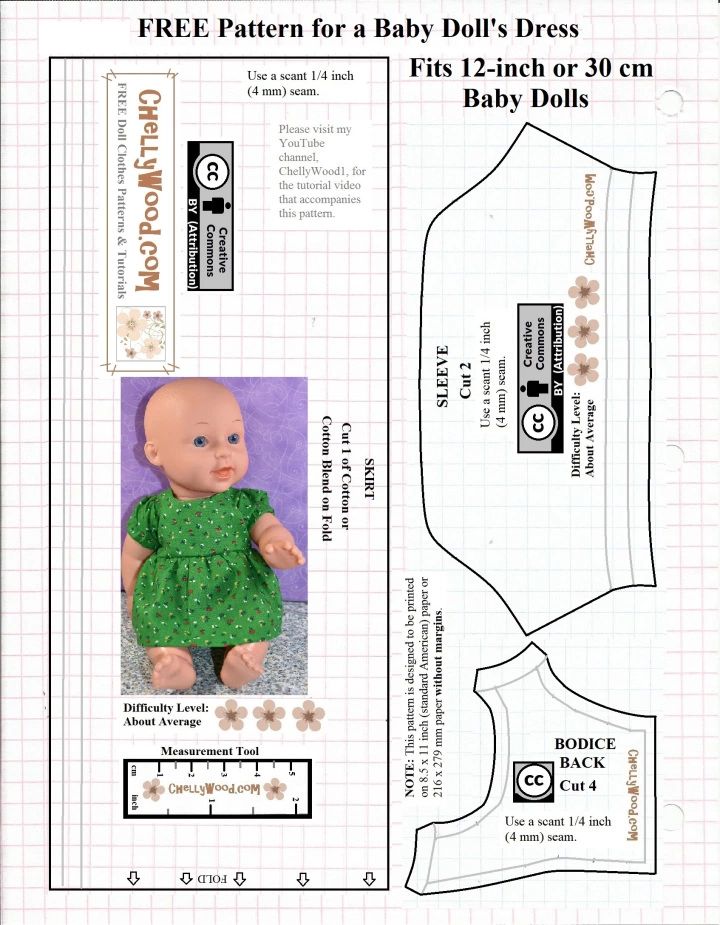 a baby doll's dress pattern is shown with the instructions for it to sew