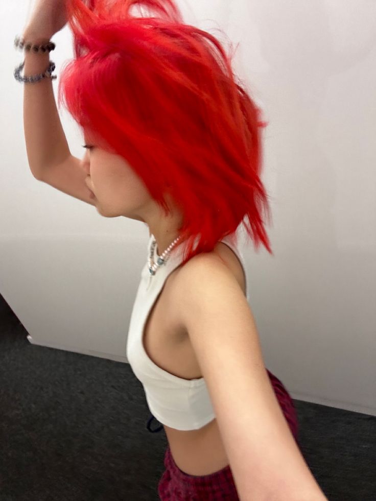 red hair vibez Neon Red Hair, Punk Red Hair, Red Hair Short, Red Alt Hair, Red Alt Hair Short, Bright Red Hair Aesthetic, Hair References, Red Hair Inspo, Neon Red