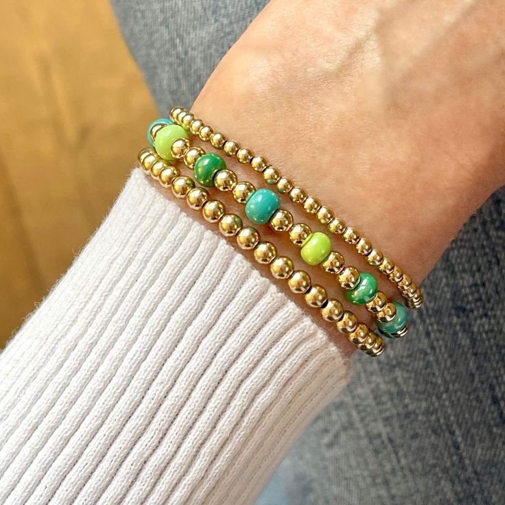 Colorful Beaded Bracelets | Large Multicolor Beads | Gold/Silver Beads – Strands and Bands by Fran Beaded Bracelets Green, Colorful Beaded Bracelets, Rose Gold Beaded Bracelet, Bracelets Green, Bracelets Sets, Bubble Beads, Stretchy Beaded Bracelet, Wrist Accessories, Bracelets With Meaning