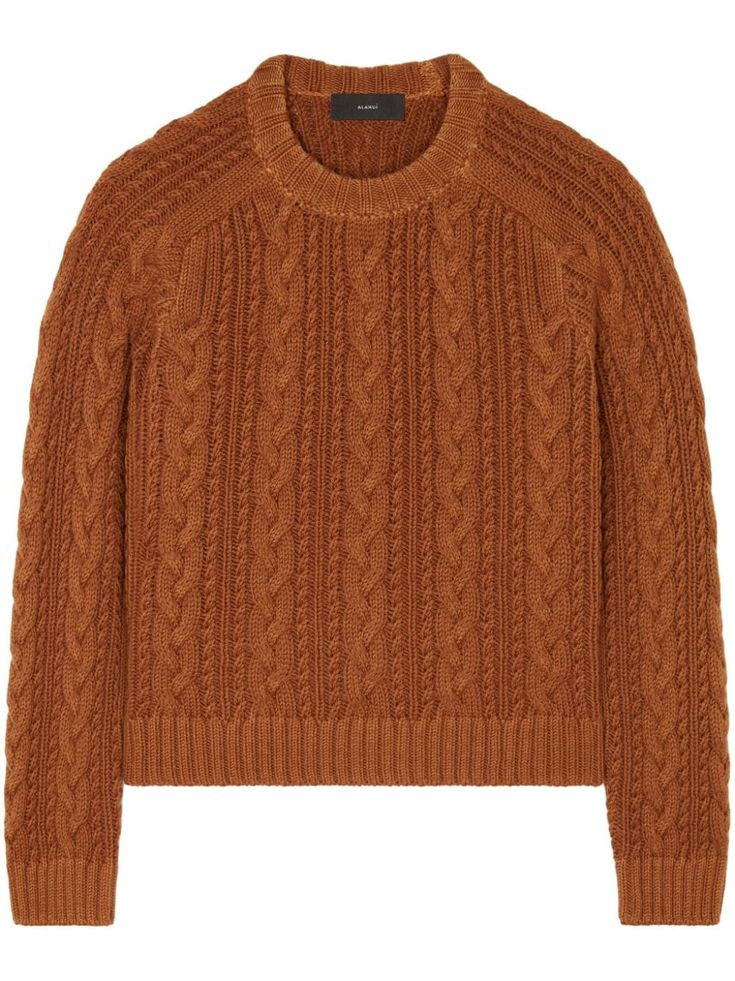 terracotta orange virgin wool cable knit ribbed band collar crew neck long raglan sleeves ribbed cuffs and hem straight hem Burnt Orange Sweater, Orange Sweater, Latest Sweater, Wool Jumper, Orange Sweaters, Wardrobe Edit, Yoko London, City Dress, Airport Fashion