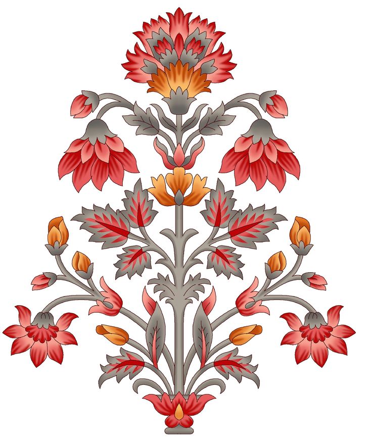 an ornate floral design with red and yellow flowers