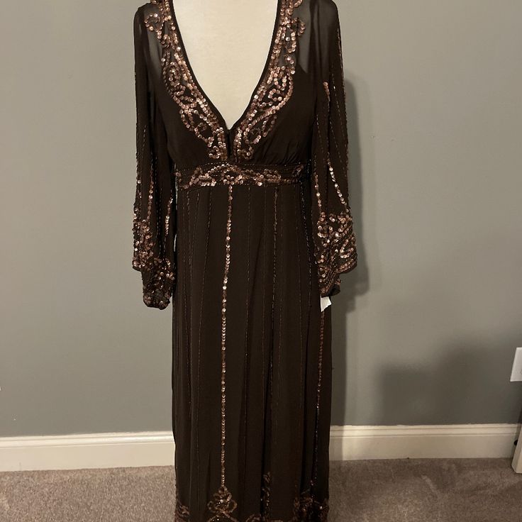 Beautiful Brown Nanette Lepore Dress Purchased From Nordstrom. The Dress And A Matching Slip. Bohemian Long Sleeve Party Dress, Brown Evening Maxi Dress, Brown Flowy Maxi Dress For Party, Lined Long Sleeve Cocktail Dress, Flowy Brown Maxi Dress For Party, Lined Evening Dresses For Fall, Fall Embellished Maxi Dress, Long Sleeve Lined Evening Dress, Long Sleeve Lined Party Dresses